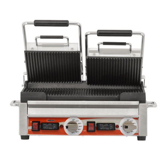 Omcan PG-CN-0711-RT 10″ x 18″ Double Panini Grill with Top and Bottom Grooved Grill Surface with Timer, item 42914