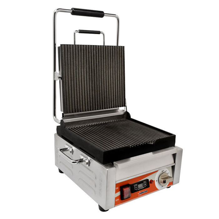 Omcan PG-CN-0515-RT 10″ x 11″ Single Panini Grill with Grooved Top and Bottom Grill Surface with Timer, item 42910