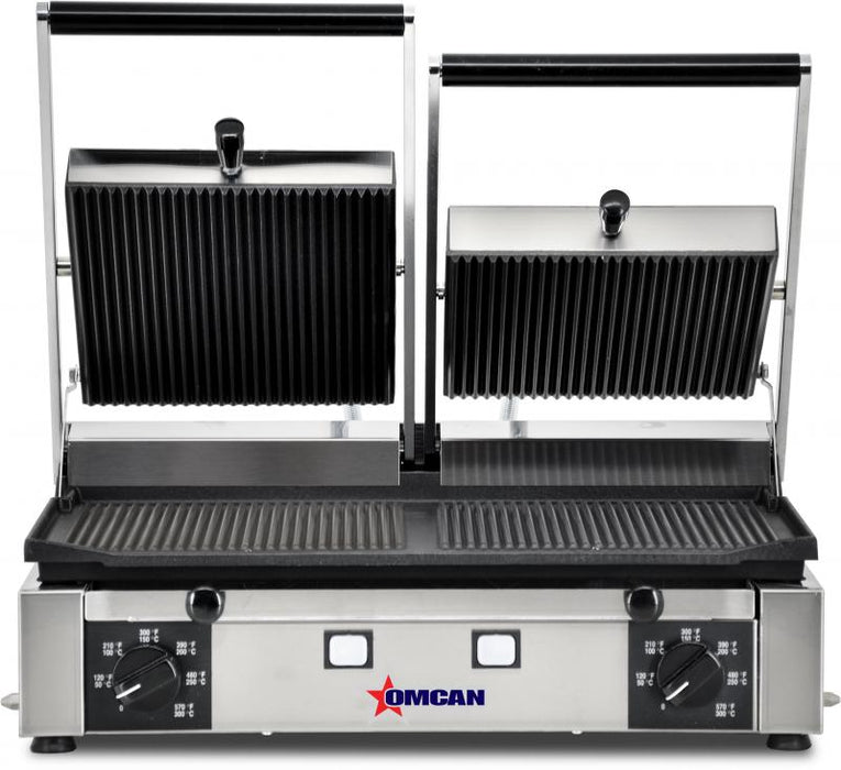 Omcan PG-IT-0737-R Elite Series 10″ x 19″ Double Panini Grill with Grooved Top and Bottom Grill Surface, item 11378