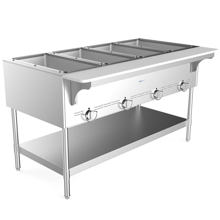 Prepline GST-4OW 58.5" Four Pan Gas Steam Table with Undershelf, Open Well