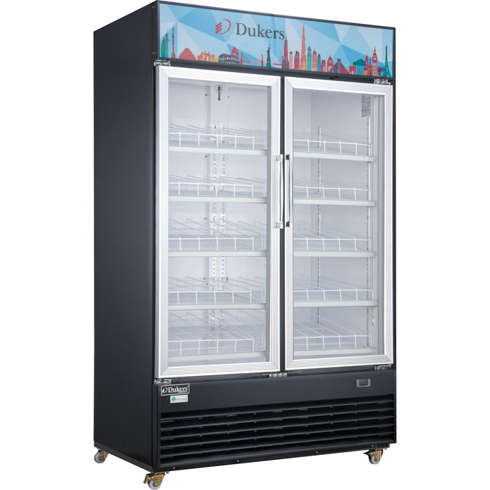Dukers DSM-48R Commercial Glass Swing 2-Door Merchandiser Refrigerator in Black, 54.125" Wide