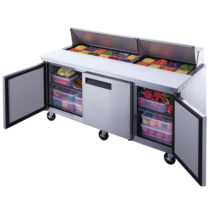 Dukers DSP72-20-S3 3-Door Commercial Food Prep Table Refrigerator in Stainless Steel, 72.25" Wide
