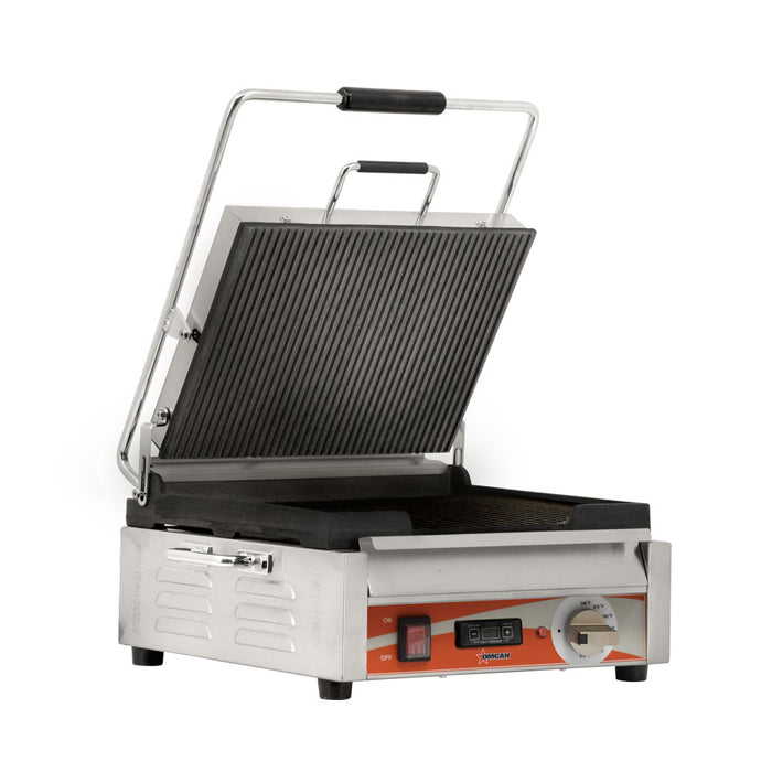 Omcan PG-CN-0679-RT 12″ x 15″ Single Panini Grill with Grooved Top and Bottom Grill Surface with Timer, item 42912