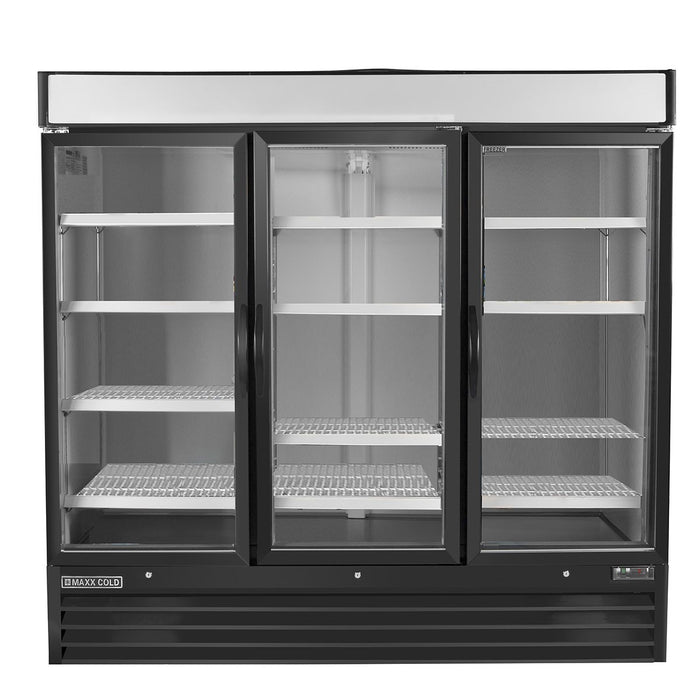 MXM3-72RBHC Maxx Cold Triple Door, Glass Door Refrigerator Merchandiser, Black, 72 Cu ft