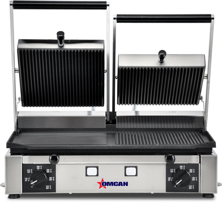 Omcan PG-IT-0737 Elite Series 10″ x 19″ Double Panini Grill with Ribbed Top and 1/2 Grooved and Smooth Bottom Grill Surface, item 11380