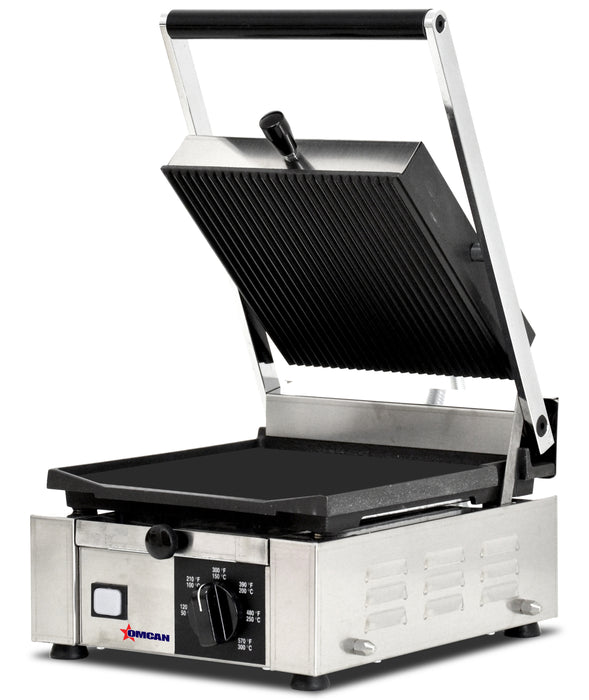 Omcan PG-IT-0483 Elite Series 10″ x 9″ Single Panini Grill with Grooved Top and Smooth Bottom Grill Surface, item 11376