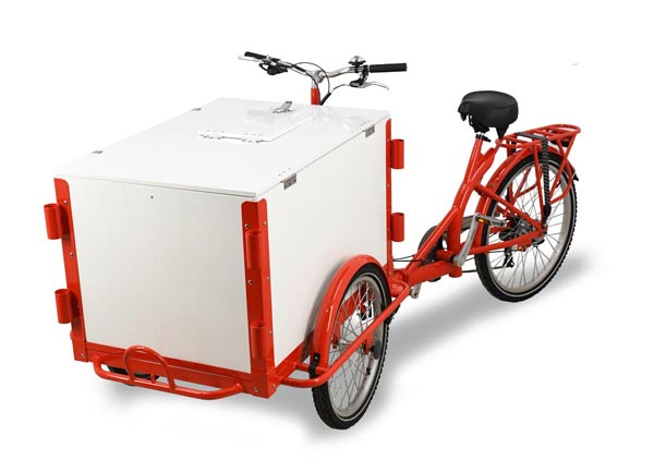 Omcan Front Load Tricycle Ice Cream Bike Red Frame With White Wooden Box, item 46659