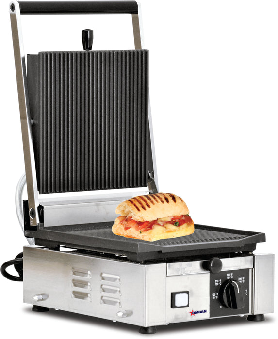 Omcan PG-IT-0483-R Elite Series 10″ x 9″ Single Panini Grill with Top and Bottom Grooved Grill Surface, item 11375