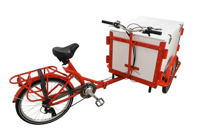 Omcan Front Load Tricycle Ice Cream Bike Red Frame With White Wooden Box, item 46659