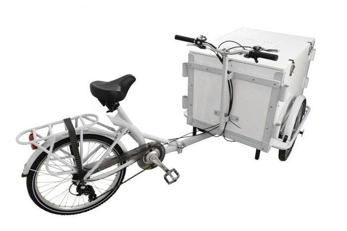 Omcan Front Load Tricycle Ice Cream Bike White Frame With White Wooden Box, item 46660