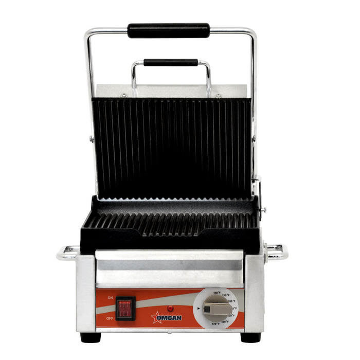 Omcan PG-CN-0515-R 9.75″ x 10.5″ Single Panini Grill with Grooved Top and Bottom Grill Surface, item 19935